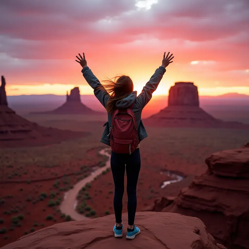 Солнечный день в Монументальной долине с ярким голубым небом и белыми облаками